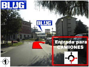 Foto descriptiva del segundo y último paso a seguir para llegar a la empresa Blug via San Sebastián, que explica que una vez hecho el primer paso se debe coger la primera salida a mano derecha en la primera rotonda que se encuentre. Esta es la entrada para camiones.