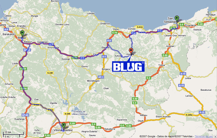Situación de Blug en Euskadi. Se encuentra en la calle Juan 23, numero 9 de Azpeitia, Gipuzkoa